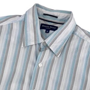 Austin Reed Button Down Shirt Mens Medium Blue Grey White Striped Short Sleeve
